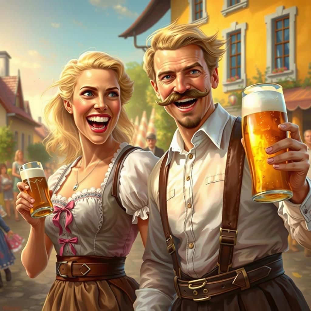 Bavarian Couple Cheers with Beer Mugs
