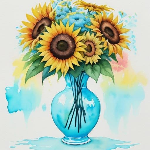 Vibrant Watercolor Bouquet in Turquoise Vase