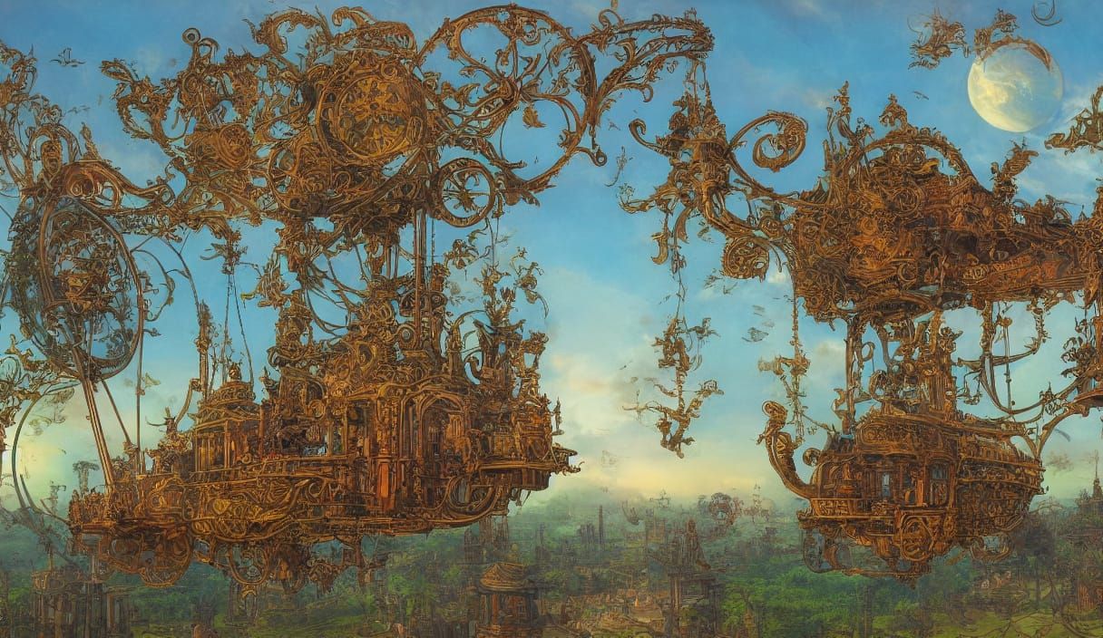 Steampunk Airship Soars Above Jungle in Art Nouveau Style