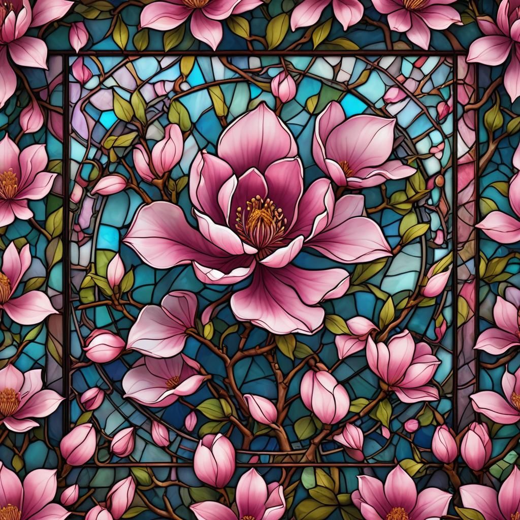 Vibrant Pink Magnolia in Stained Glass