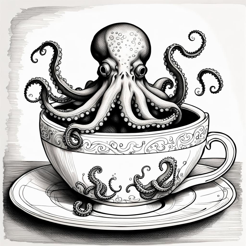 Octopus in Teacup: Primitivist Black Ink Drawing