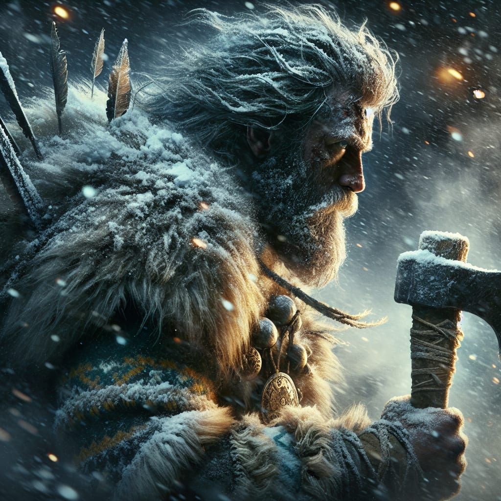 Scandinavian Warrior in Snowstorm, Fantasy Concept Art