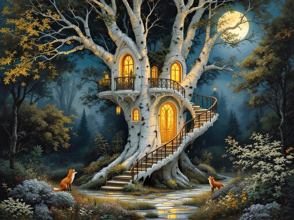 Exquisite Art Nouveau Treehouse Amidst Ghostly Birch Trees
