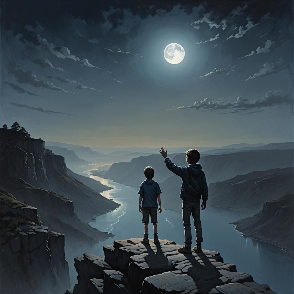 Lonely Boy Reaching for Light in Sinister Night