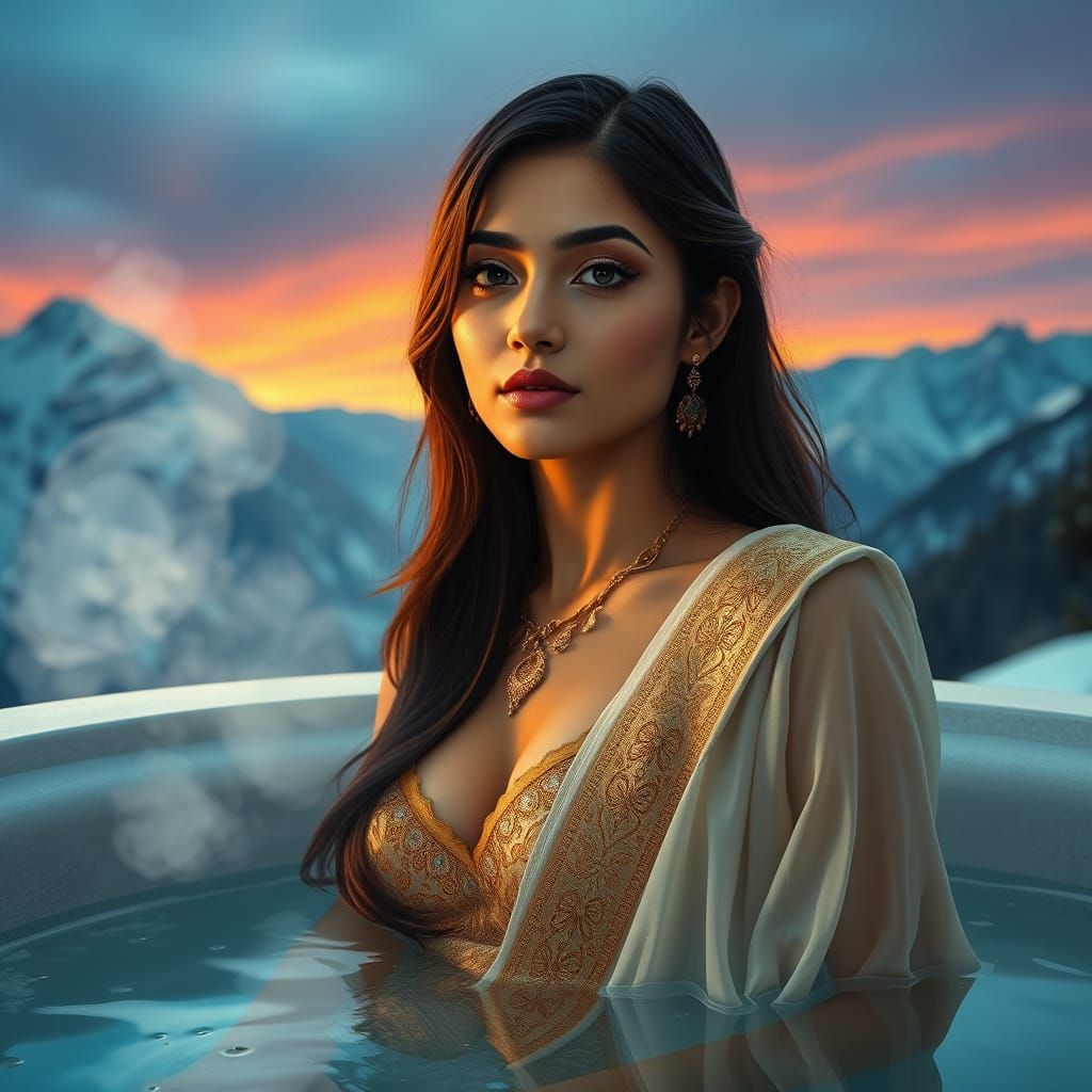 Serene Woman in Jacuzzi amidst Snowy Himalayan Landscape