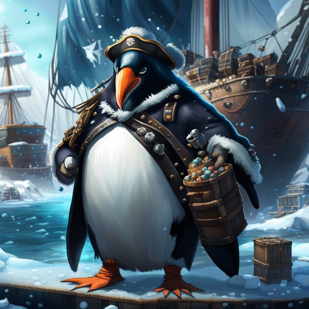 Pirate Penguin Captain on Icy Ship