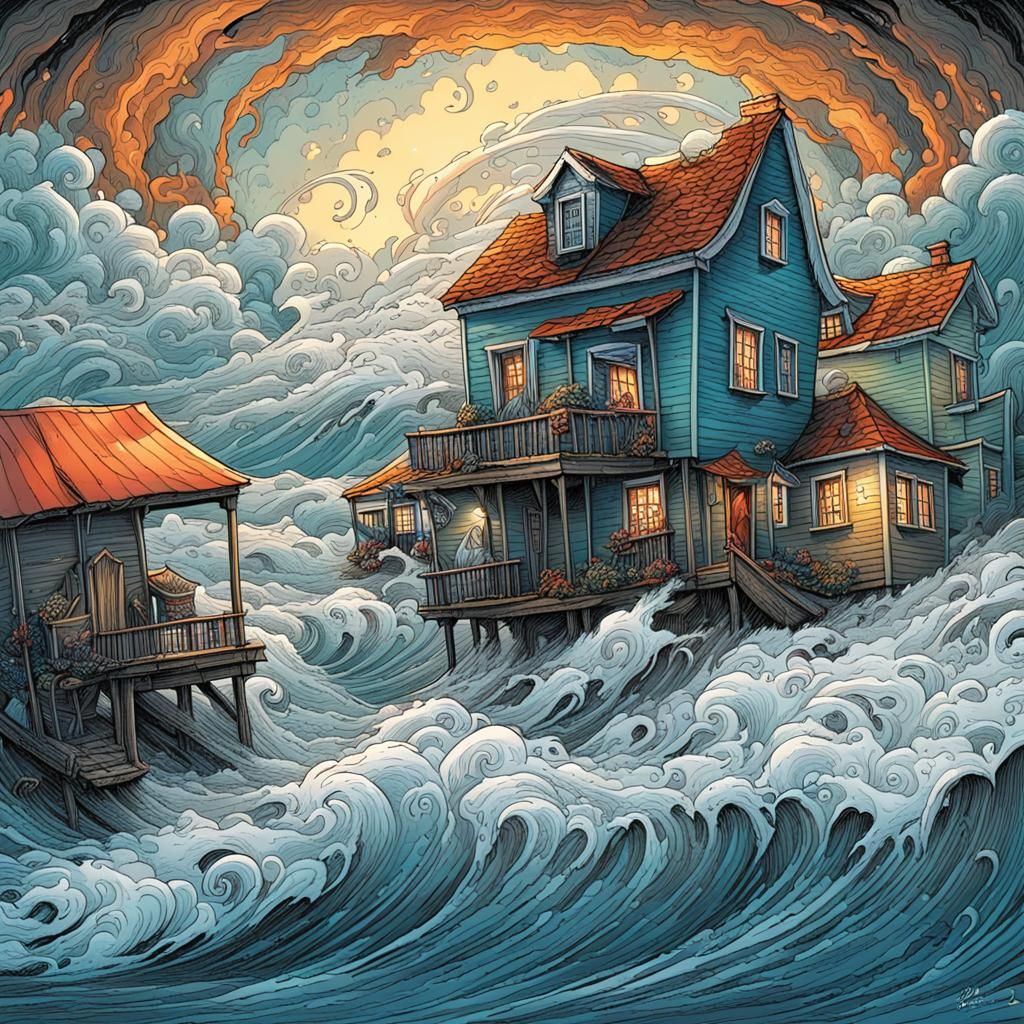 Whimsical Hurricane in Seaside Village, Ink and Pen