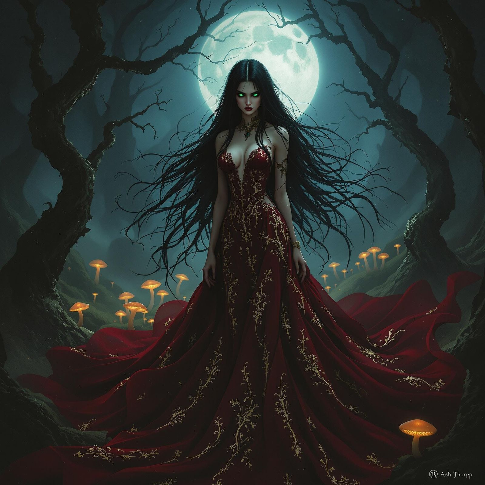 Futuristic Noir Surrealist Beauty in Dark Red Gown