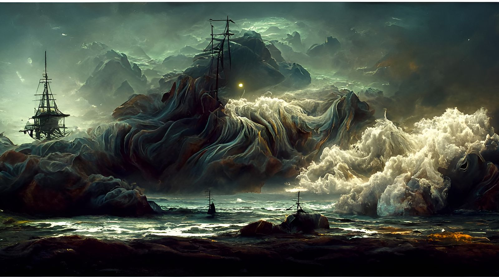 Ghost Ship Sailing Through Luminous Clouds