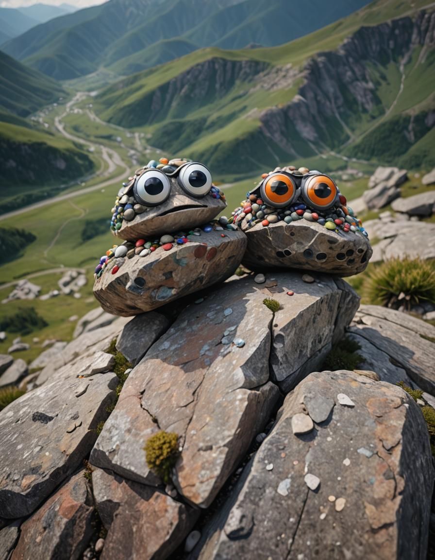 Googly-Eyed Rocks on Mountain Top in 4K