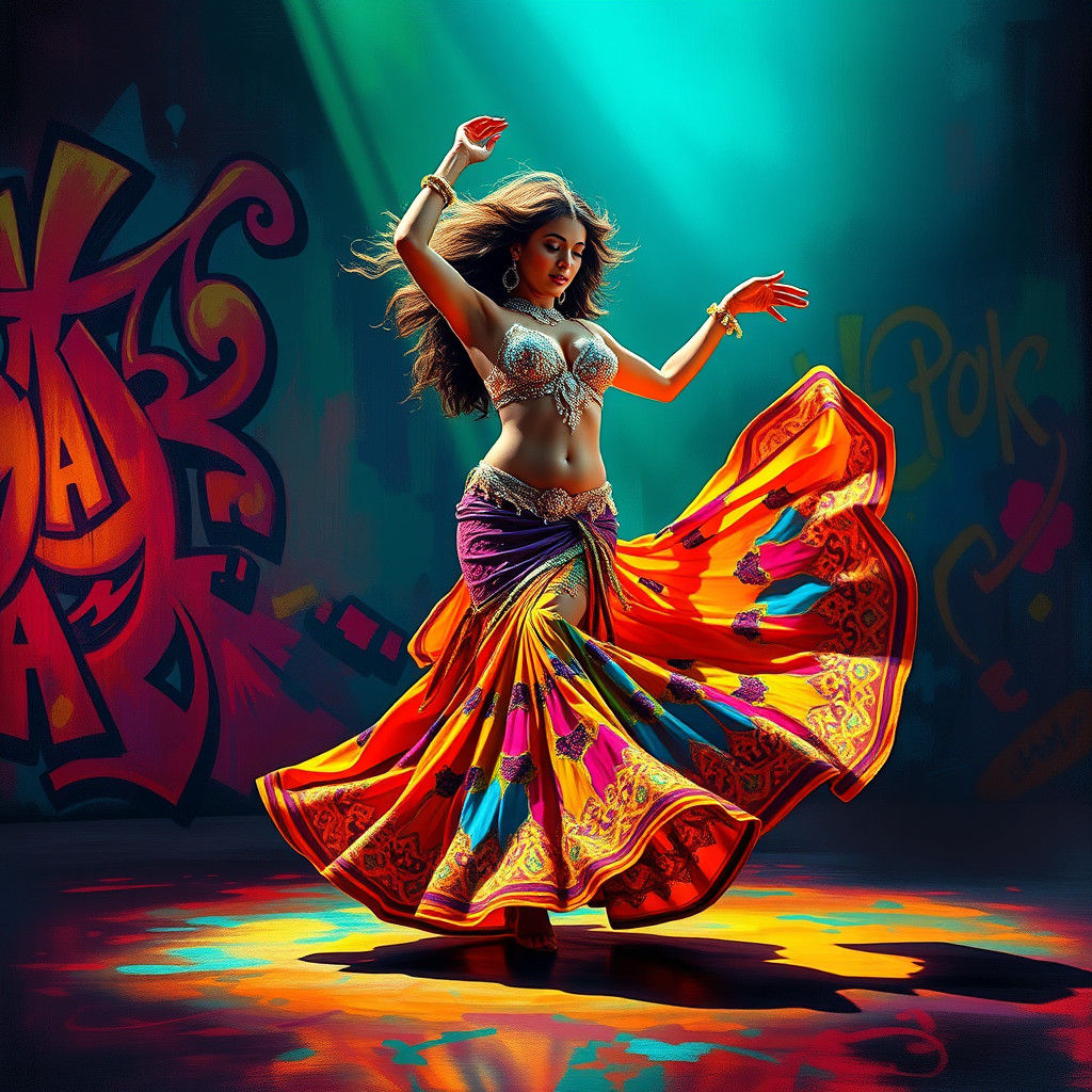 Belly Dancer Performing on Graffiti Art Stage