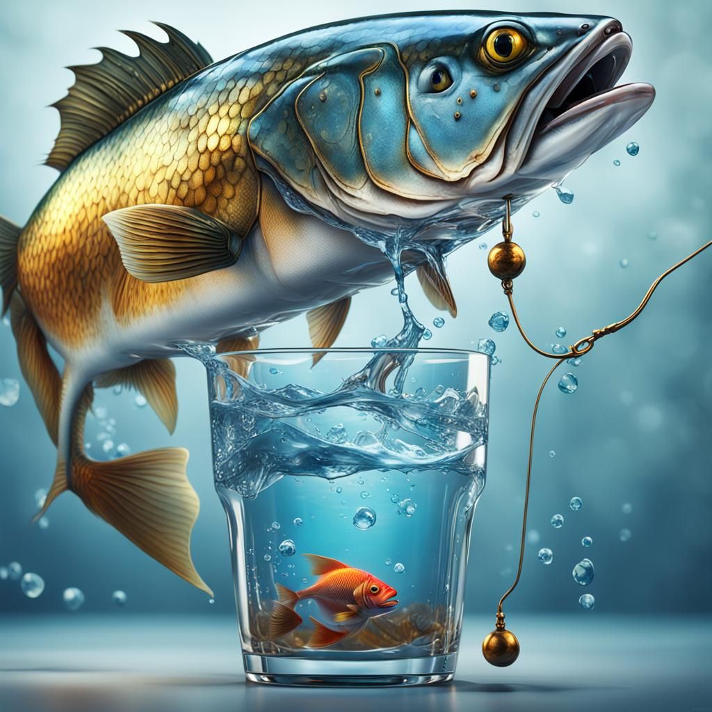 Surreal Fish in Glass with Fishing Pole