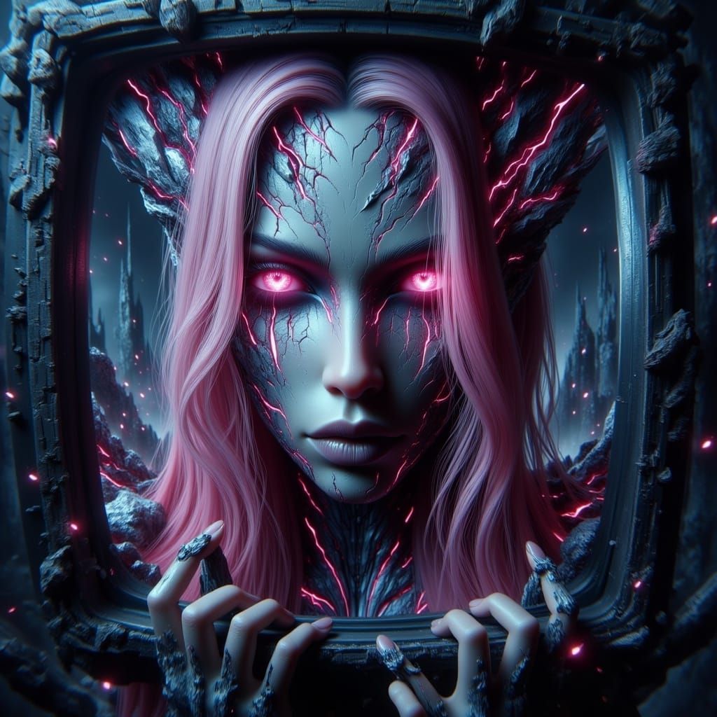 Girl in Glitchy TV Hypnosis, Long Pink Hair, Pinwheel Eyes