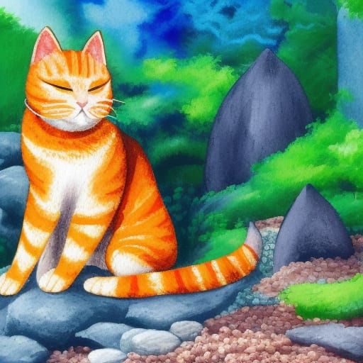Zen Garden with Cat in Gouache Watercolor Style