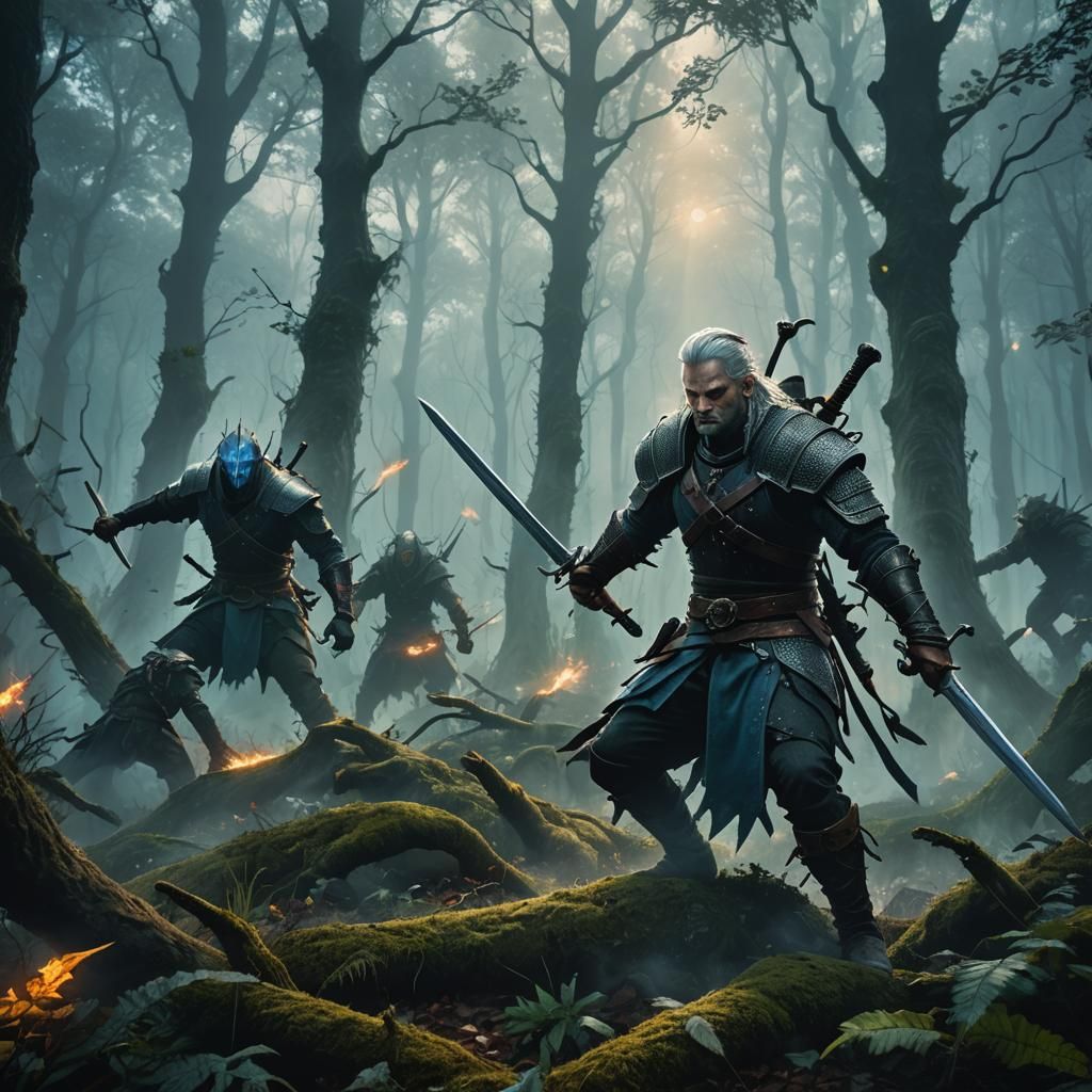 Mystical Warrior Battles Monsters in Overgrown Forest