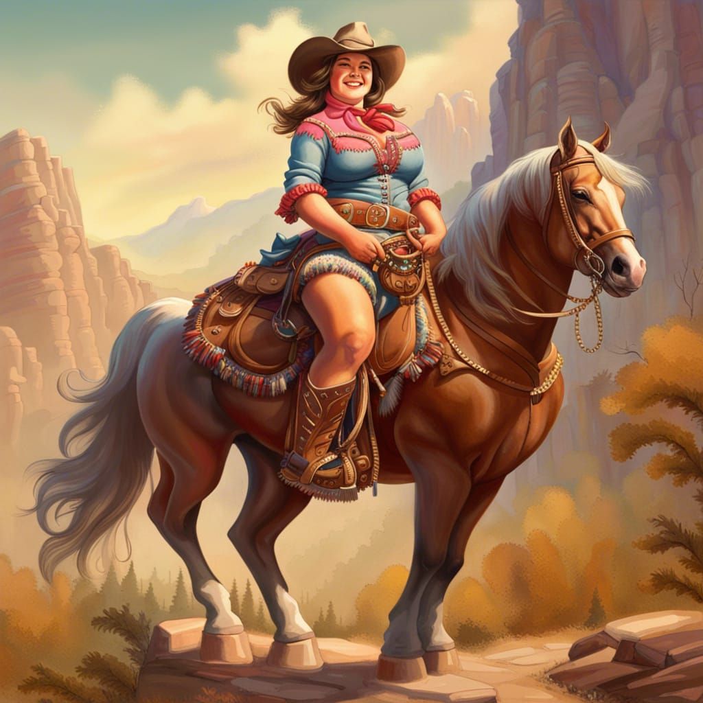 Chubby Cowgirl Rides Through Mountainous Terrain