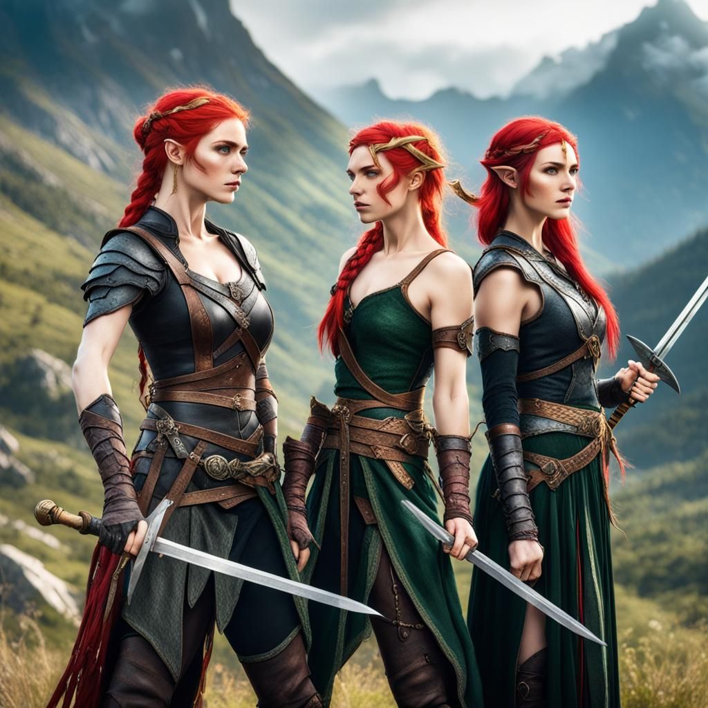 Elven Warriors: Three Fairy Women with Swords
