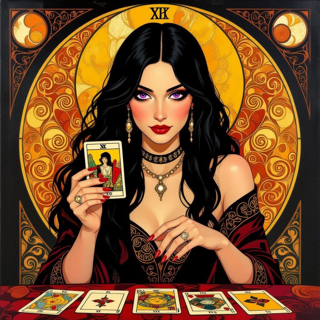 Mysterious Tarot Reader with Lovers Card in Art Deco Style
