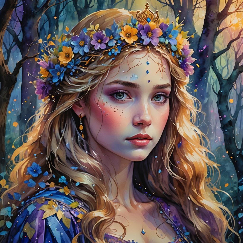 Expressionist Watercolor Portrait of a Forest Princess