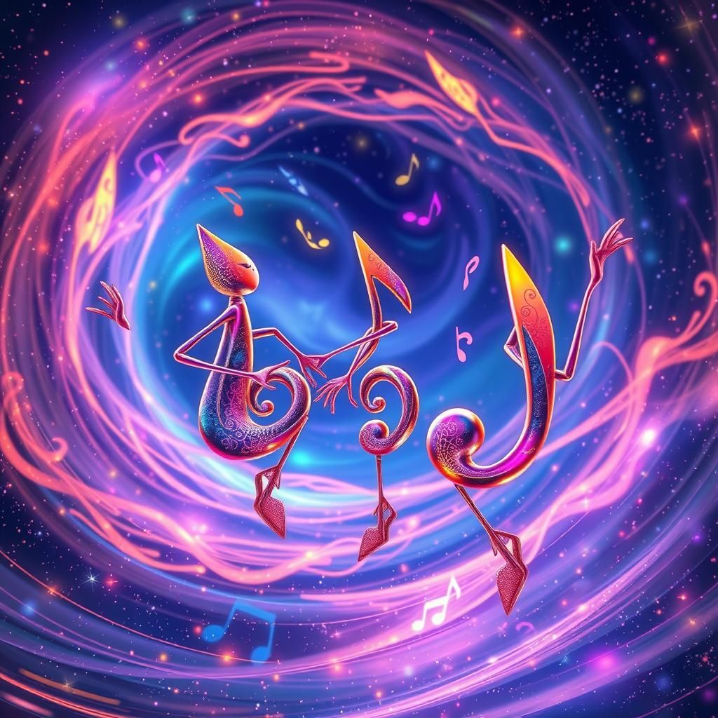 Anime Musical Notes Dance in Iridescent Galaxy