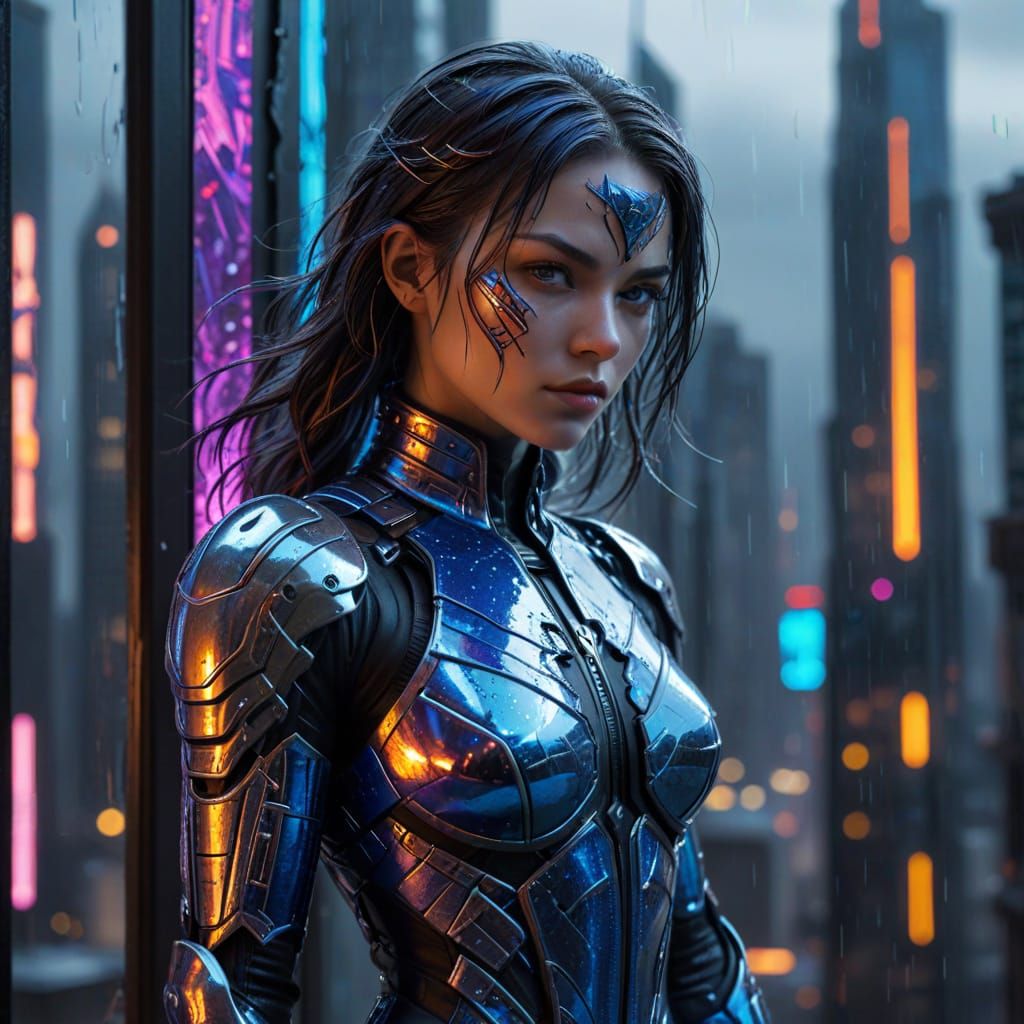 Sleek Cyberpunk Cyborg Ninja in Stained Glass Glory