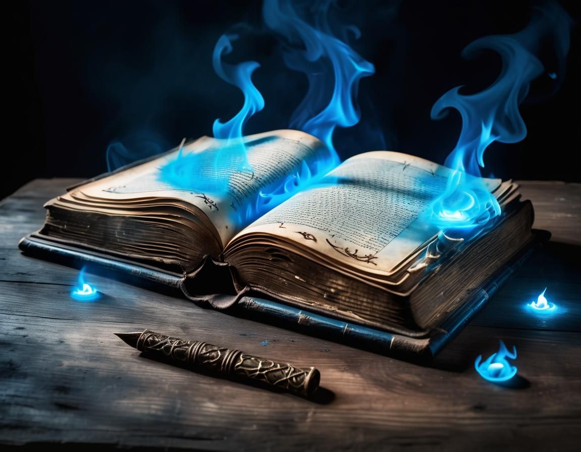Antique Spellbook Radiating Blue Flame