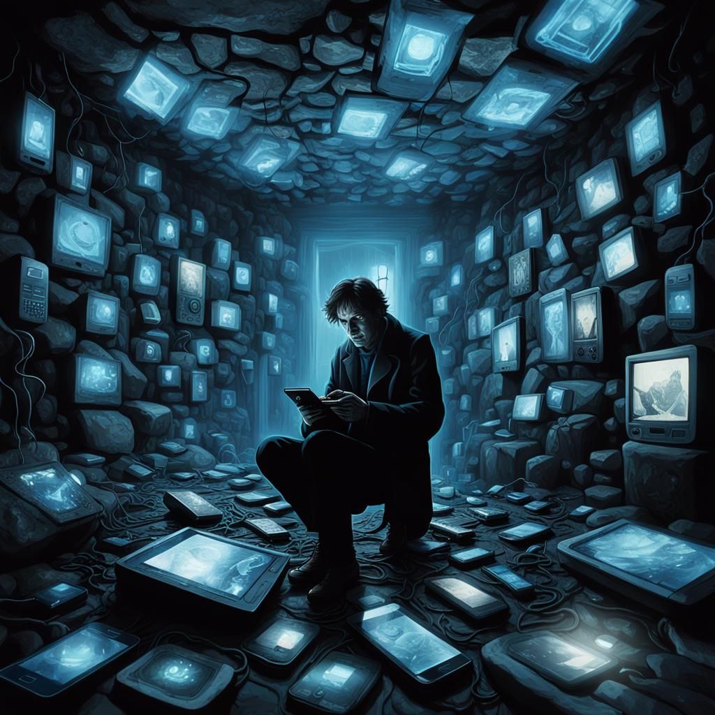 Surreal Person Surrounded by Smartphones in Dark Fantasy Sty...
