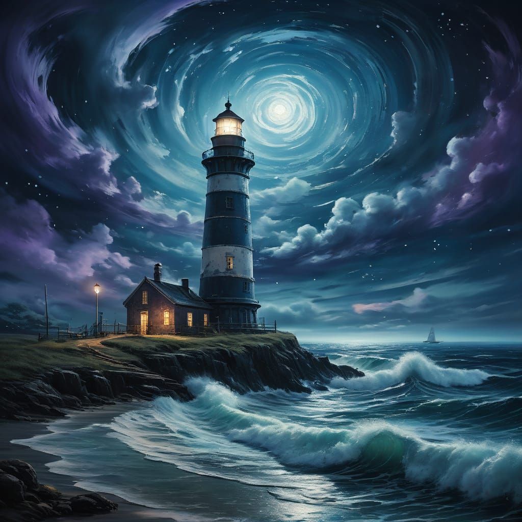 Dreamlike Lighthouse Under Swirling Starry Skies