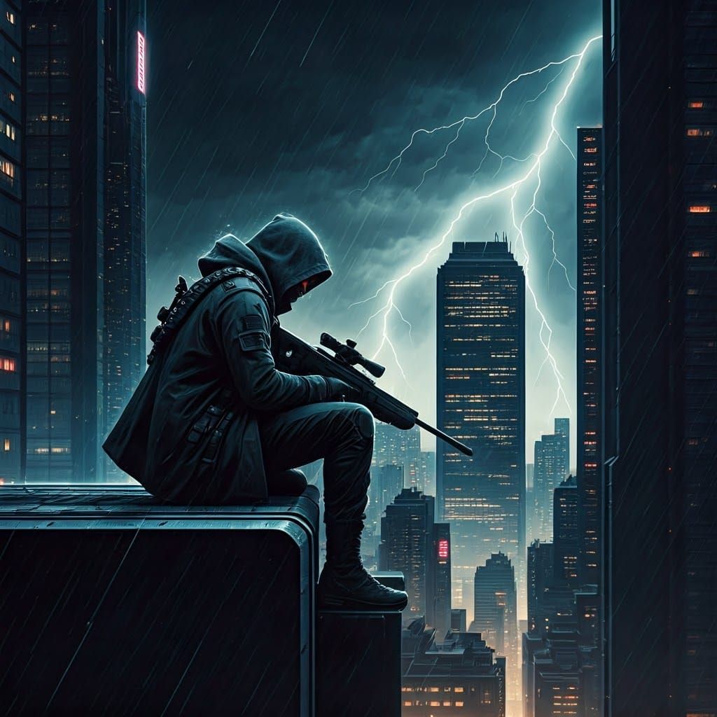 Cyberpunk Sniper in Rain-Soaked Neon Metropolis