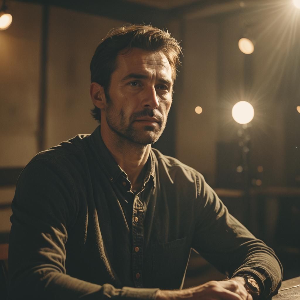 Contemplative Portrait with Film Grain and Golden Lighting