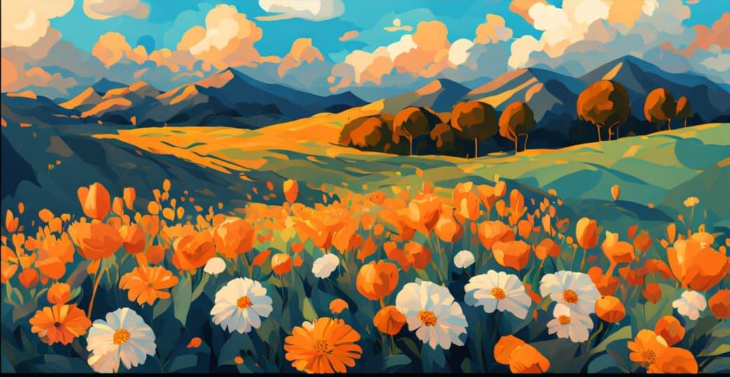 Vibrant Neo-Cubist Landscape with Abstract Flowers and Geome...