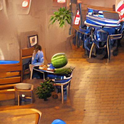 Sad Watermelon at Crowded Cafe Interior