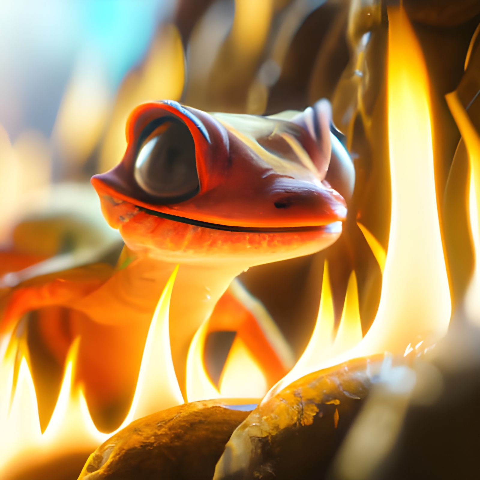 Adorable Gecko Surrounded by Flames: 3D Render