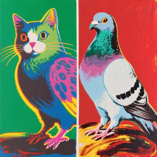Cat-Pigeon Hybrid in Pop Art and Romanticism Styles