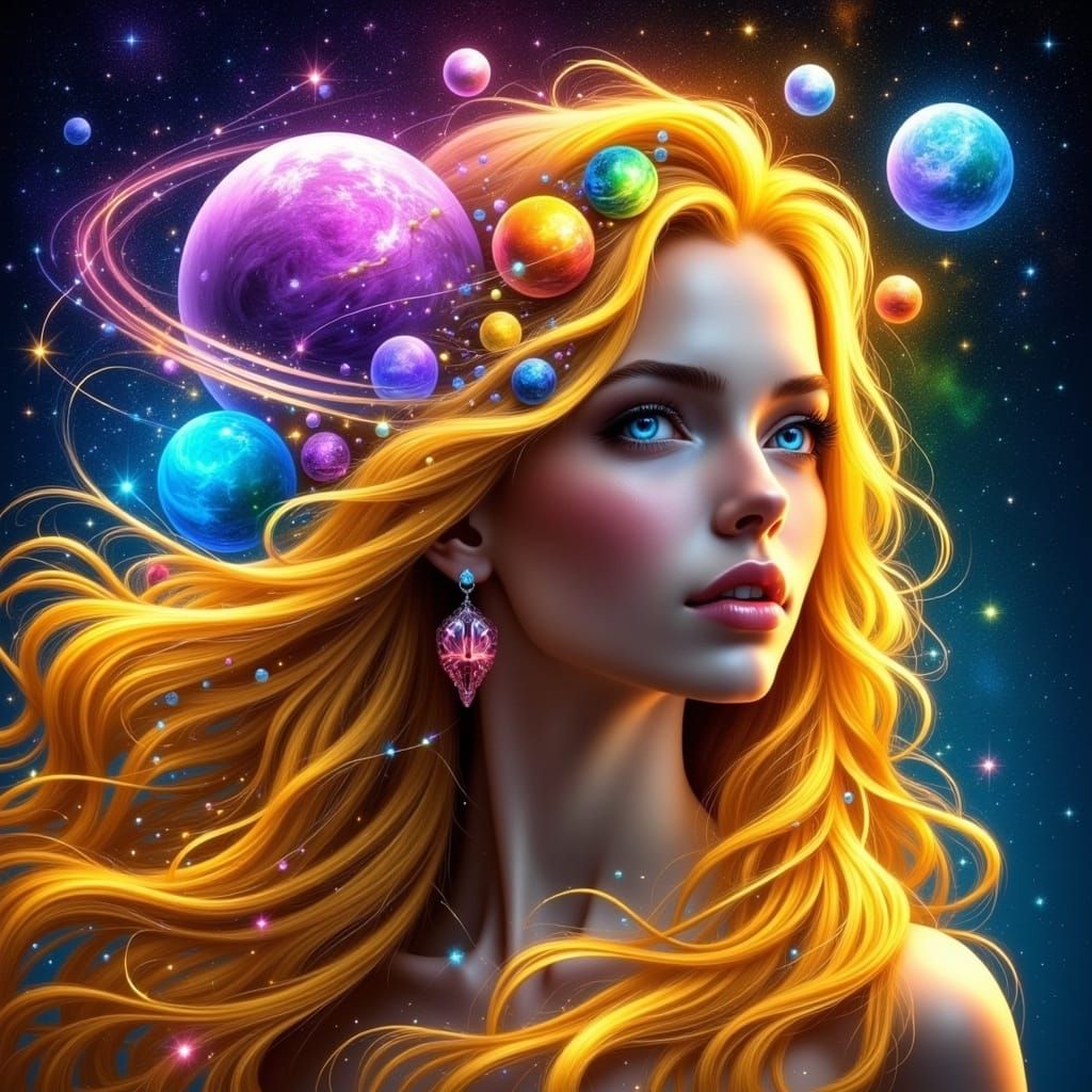 Vibrant Cosmic Goddess with Celestial Hair and Rainbow Aura