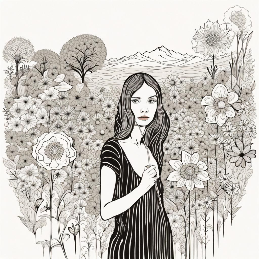 Monochrome Line Art Girl in Floral Dreamscape