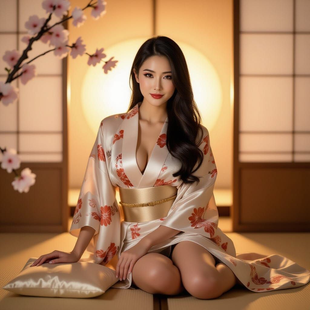 Seductive Japanese Woman in Luxurious Room, Fine Art Style