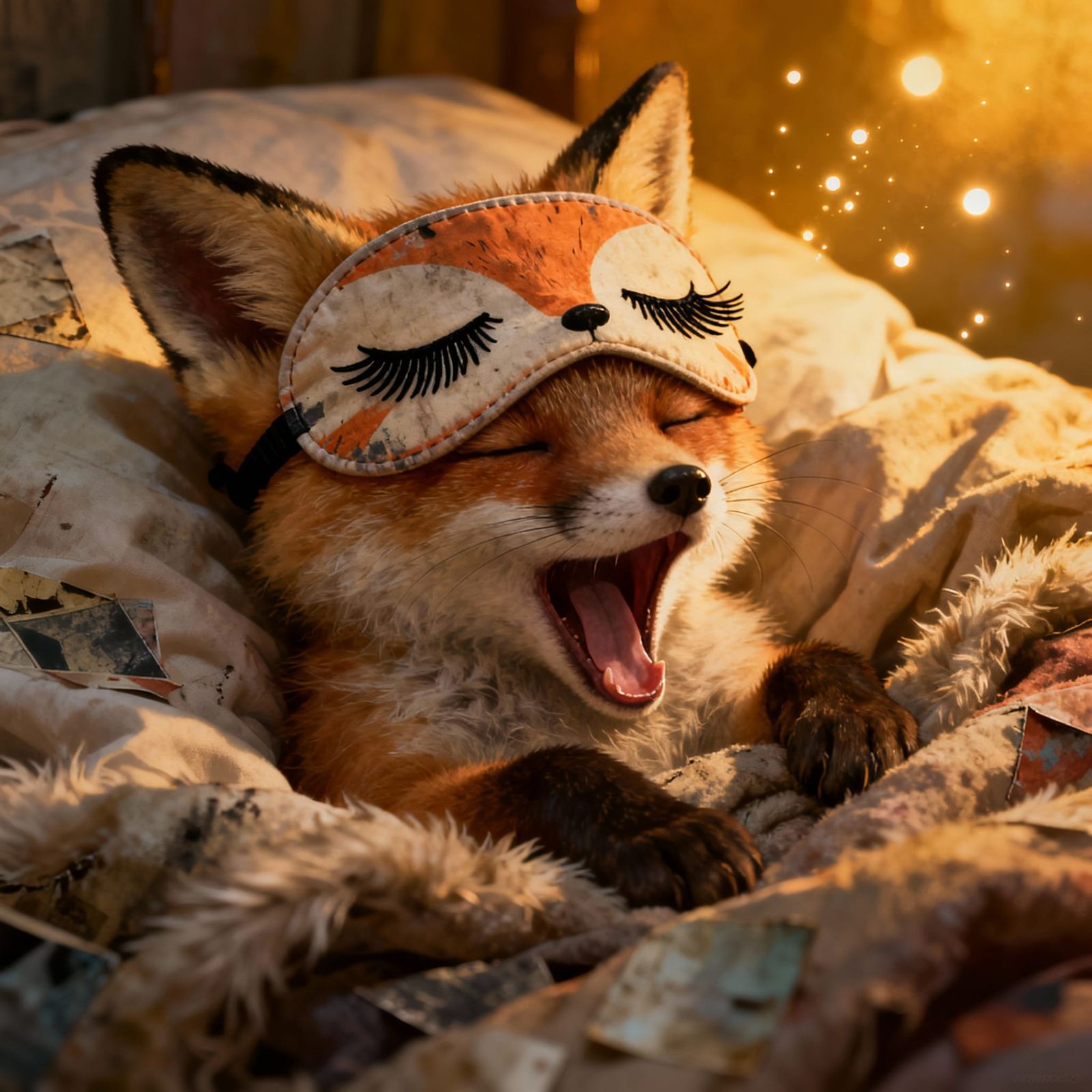 Baby Fox Sleeps Peacefully in Cozy Bed with Dreamy Light