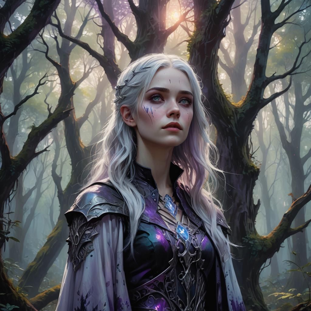 Mystical Forest Maiden with Runes, Oil Painting