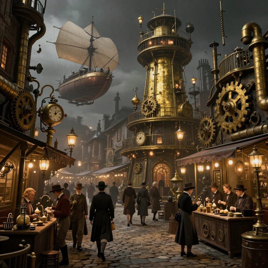 Steampunk Marketplace with Airships and Automatons