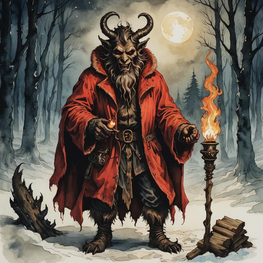 Krampus Illustration with Torch in Pen and Ink