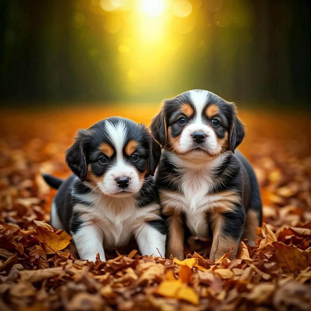 Puppies Play in Autumn Leaves: Hyperrealistic Image