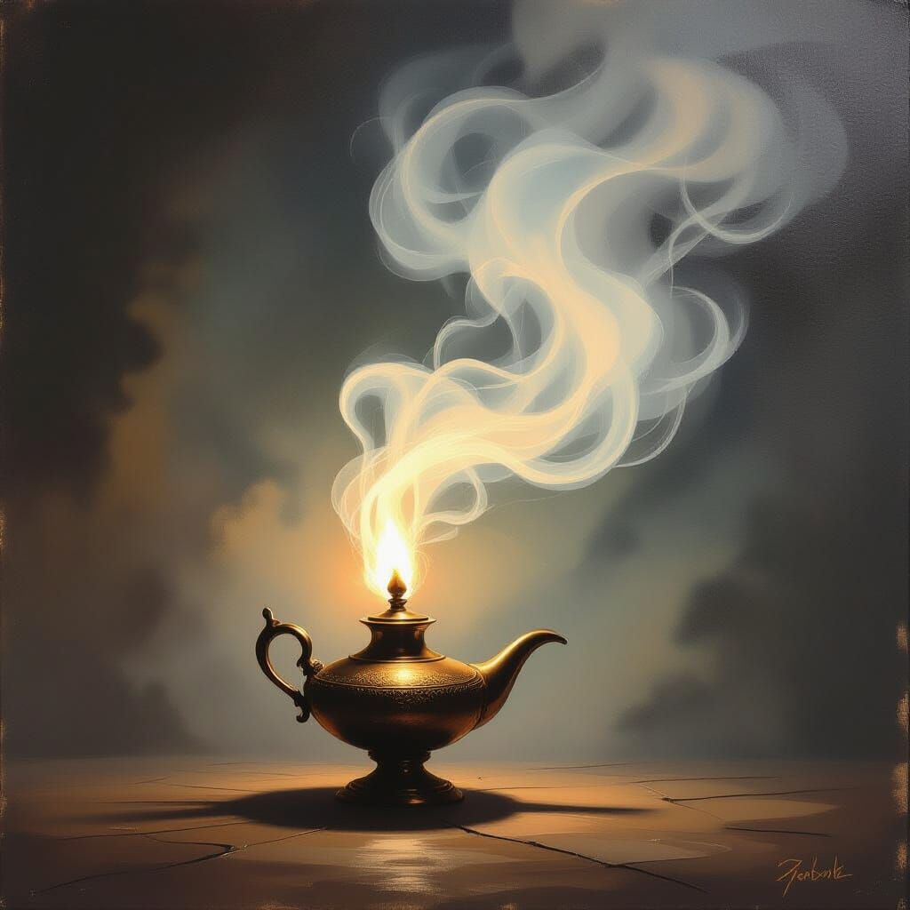 Genie Escapes Lamp in Rembrandt-Style Painting