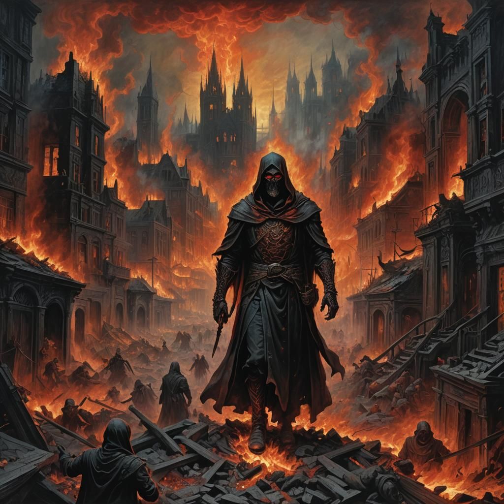 Demonic Figure in Burning City, Fantasy Art