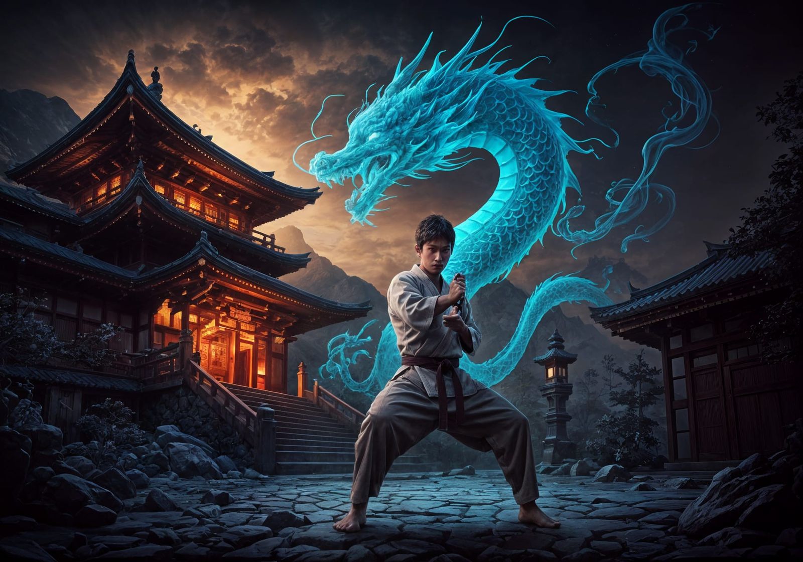 Japanese Warrior and Dragon Spirits at Temple