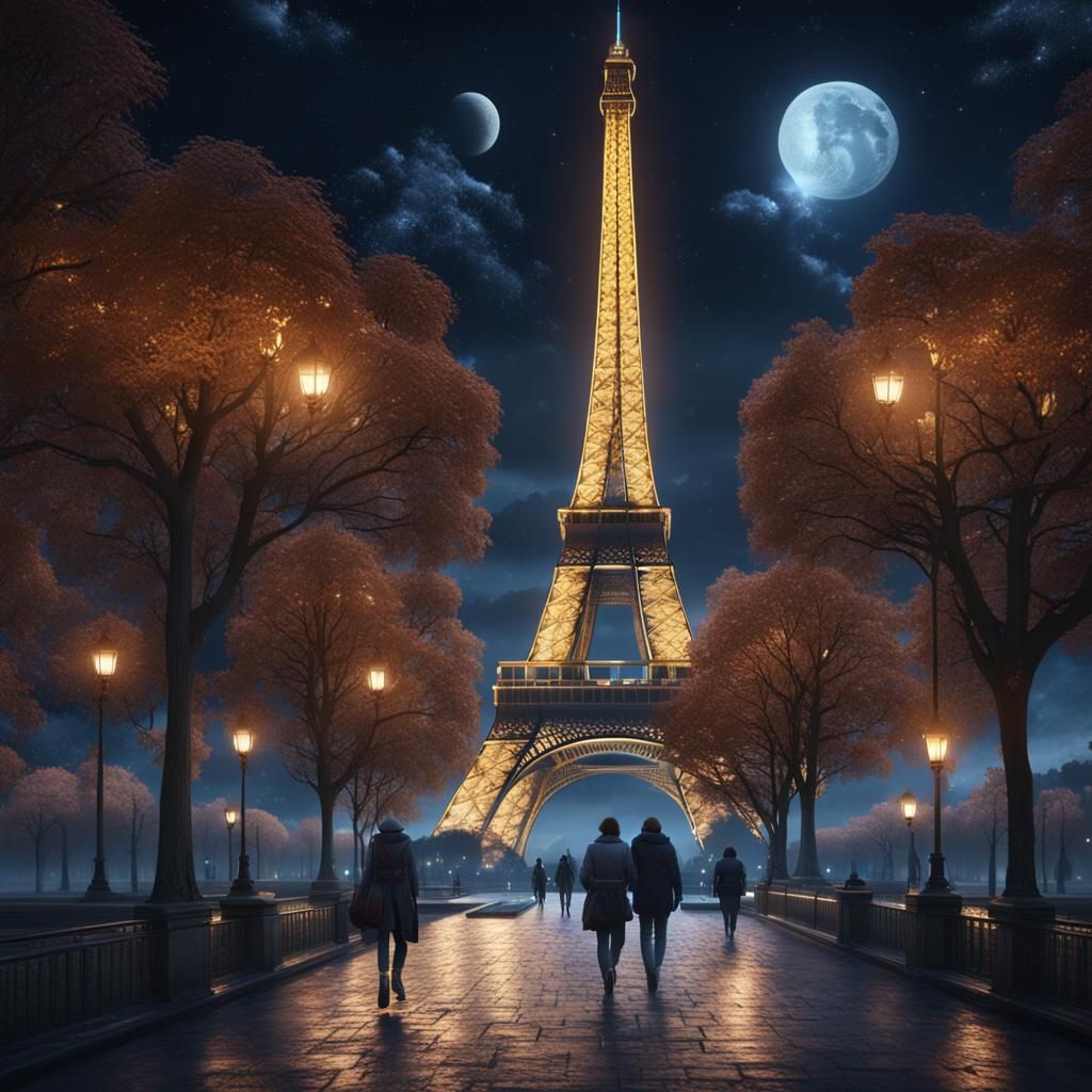 Eiffel Tower Night Scene: Fantasy Concept Art