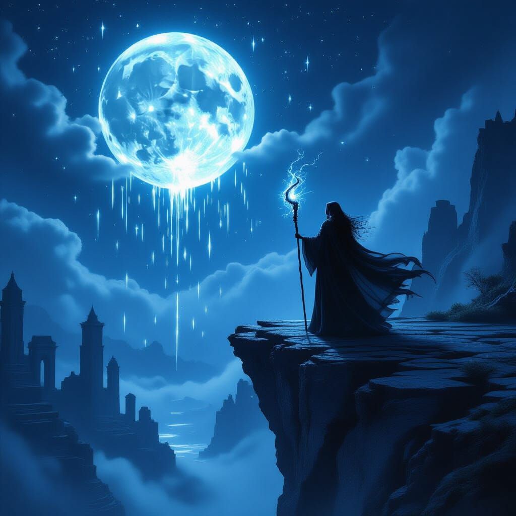 Witch on Floating Cliff Under Broken Moon