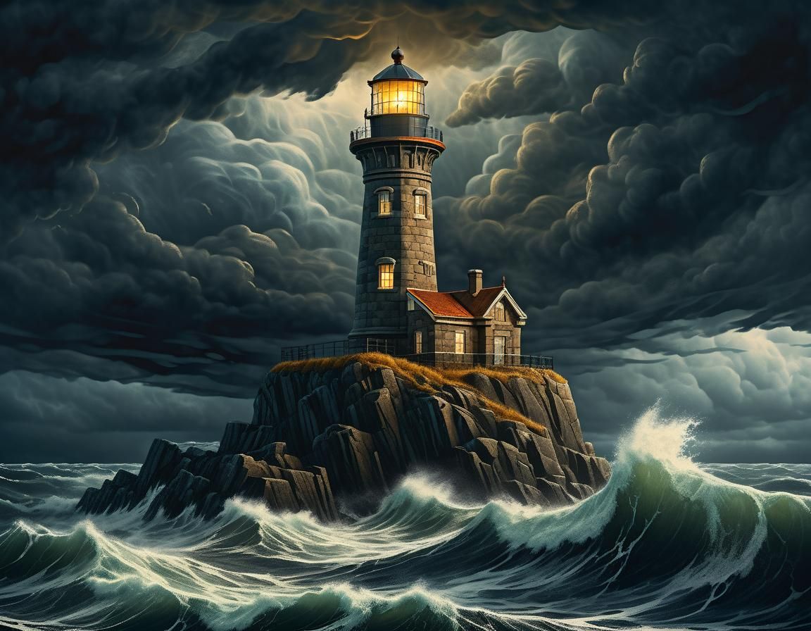 Art Nouveau Lighthouse in Stormy Ocean