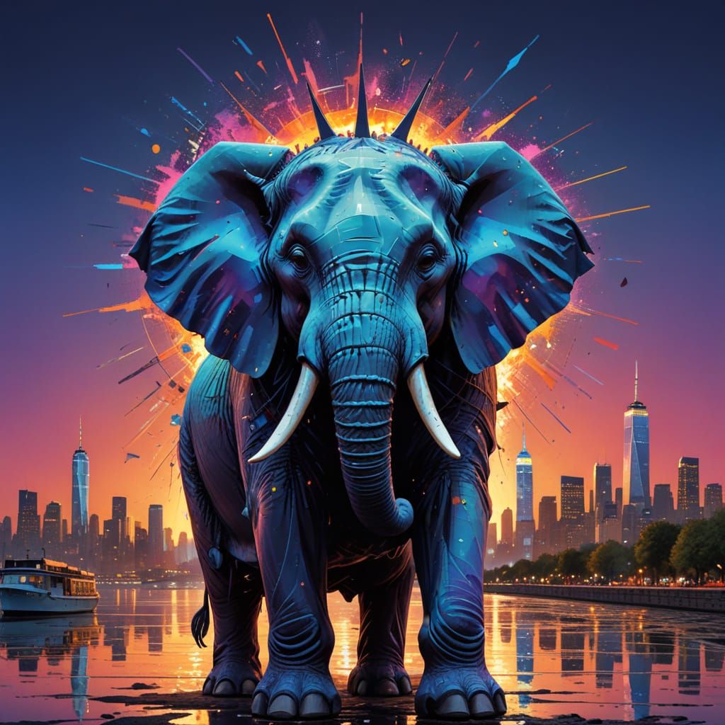 Regal Elephant Statue of Liberty at Night, Glowing with Vibr...