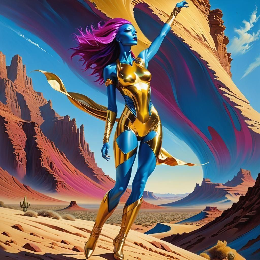 Blue Alien Woman in Desert, Boris Vallejo Style